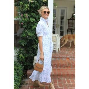 Julia India Amory JA Ruffle Shirt Midi Maxi Dress Blue Shell Puff Sleeve S